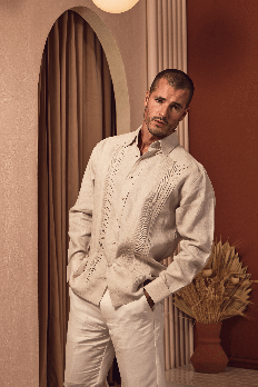 Formal 100% Linen Guayabera Long Sleeve Pleated Shirt with French Cuffs